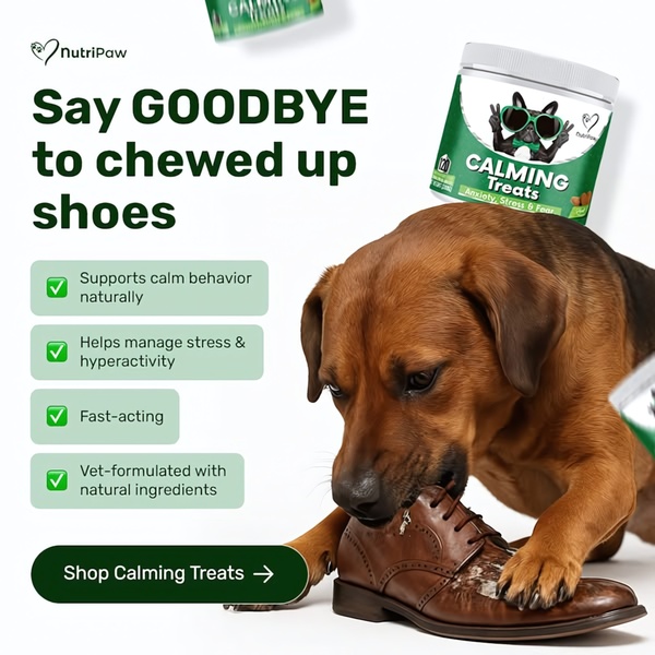 This ad creative features a dog chewing a shoe to visualize the pain point of anxiety, paired with the solution, Calming Treats.